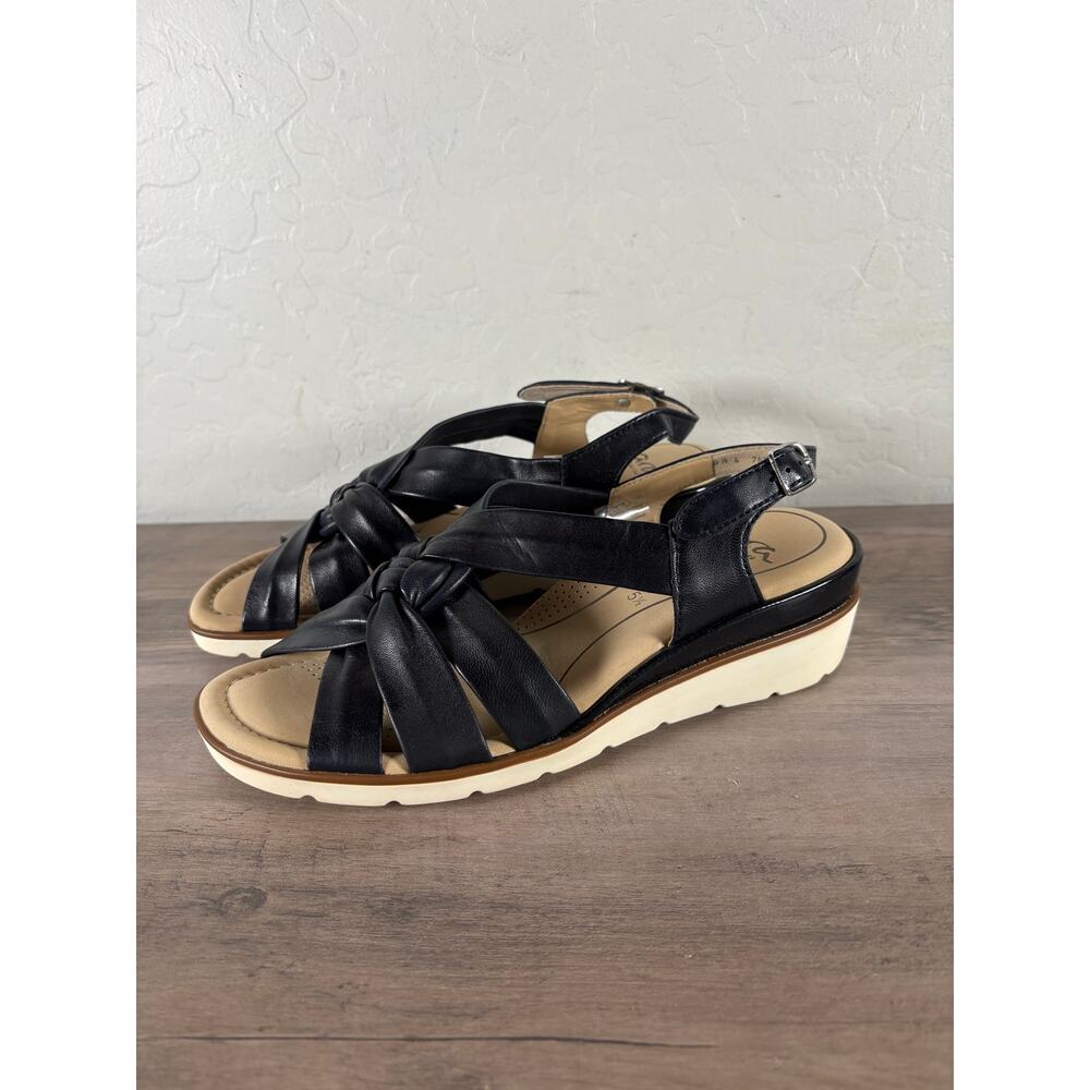 Ara‎ Lucilla Black Leather Wedge Sandal Slingback knotted design size 7.5